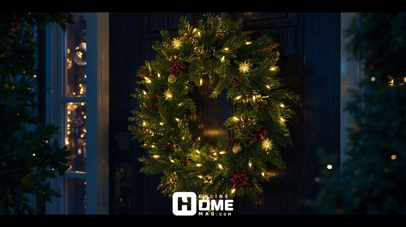 Pre-lit Christmas wreath with warm LED lights creating festive glow on front door" 