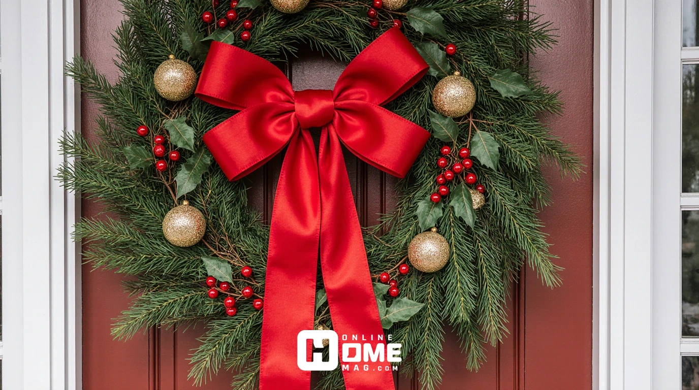 Classic red and green Christmas front door decorations in traditional holiday colors" 