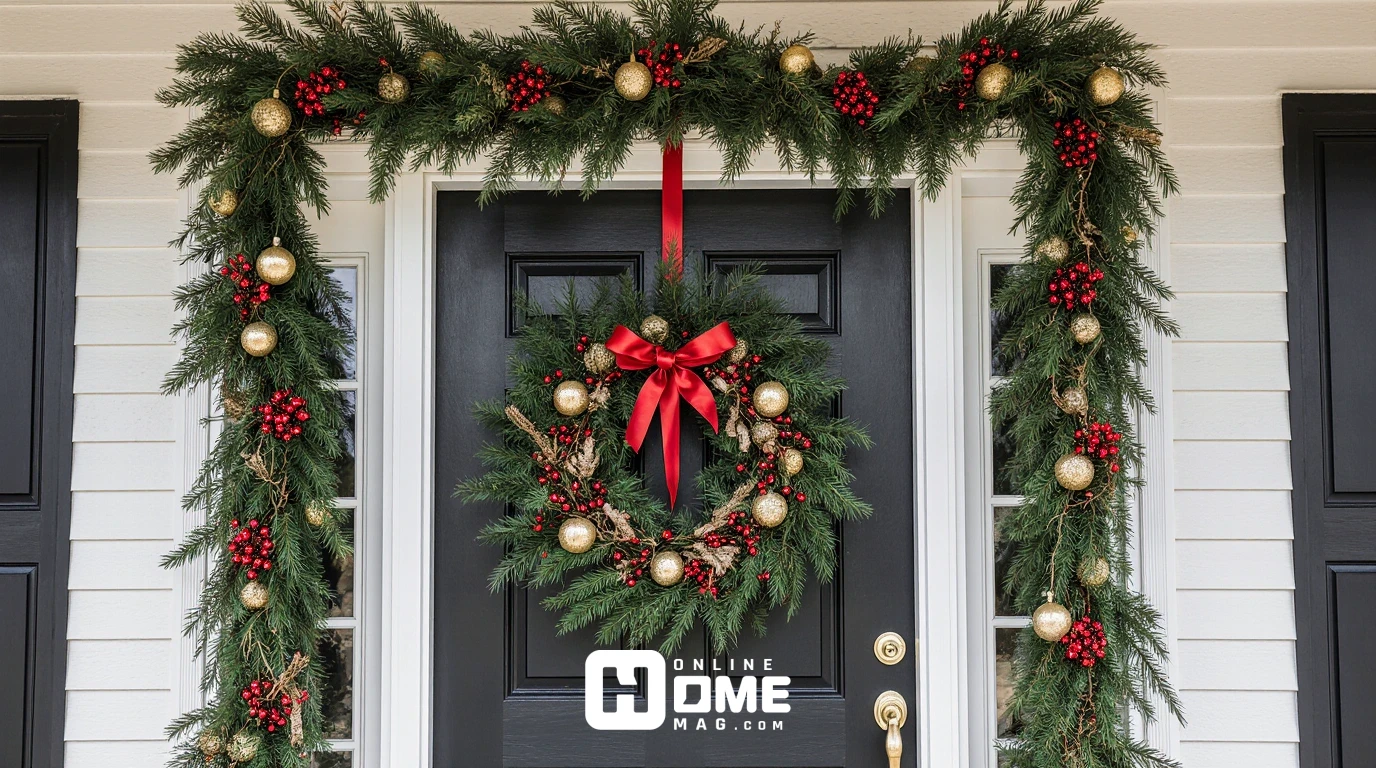 Coordinated Christmas front door display with matching wreath and garland, same red berries and gold accents in both, symmetrical design, cohesive holiday decor, professional styling, natural light" 