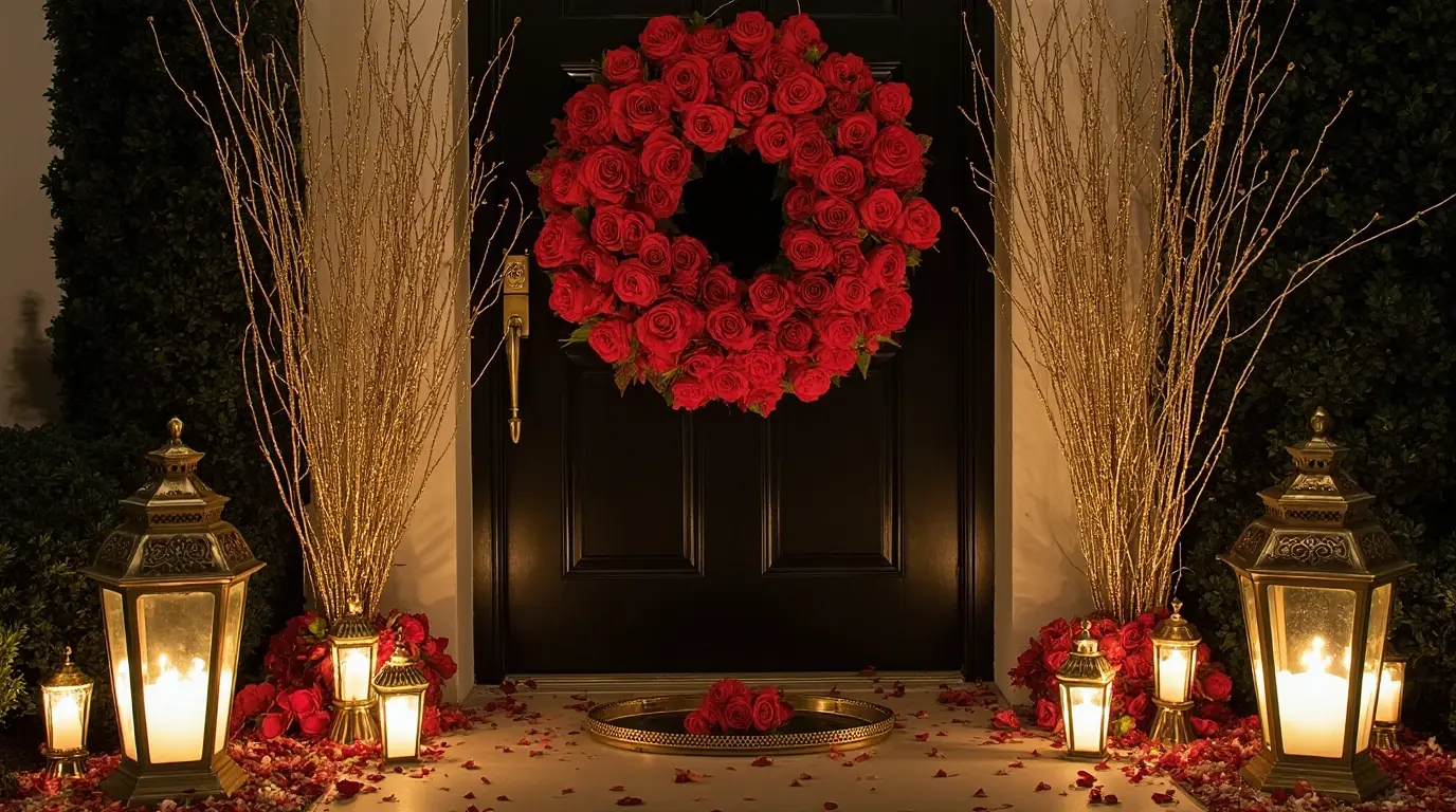 Luxurious Valentine's entrance with front door featuring oversized wreath of red roses and gold metallic branches, gold lanterns on both sides with glowing candles, gold luminarias lining pathway, and gold tray near door with small rose arrangement