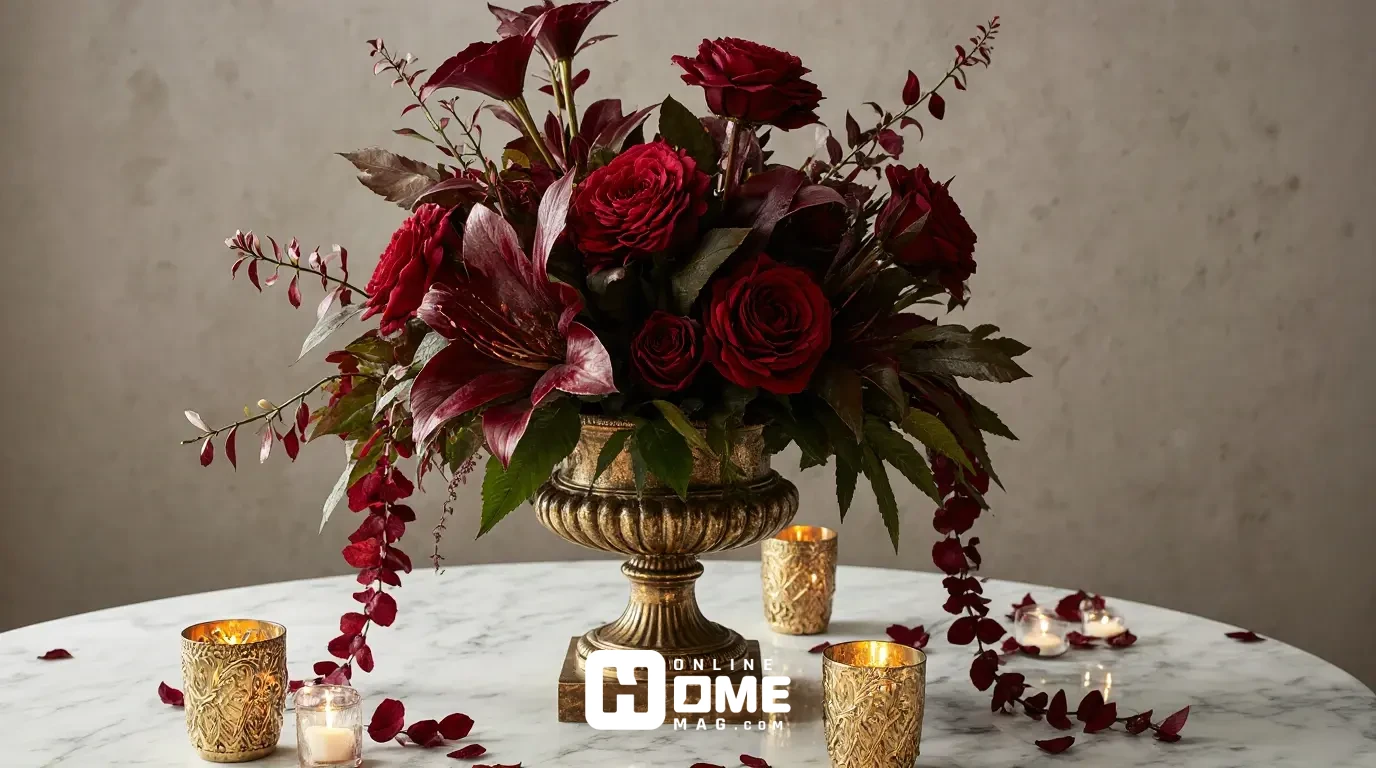 Opulent Valentine's floral centerpiece featuring deep red roses, burgundy calla lilies, gold-painted eucalyptus, and draping crimson amaranthus in an ornate brass urn, surrounded by scattered gold tea light holders on a marble surface