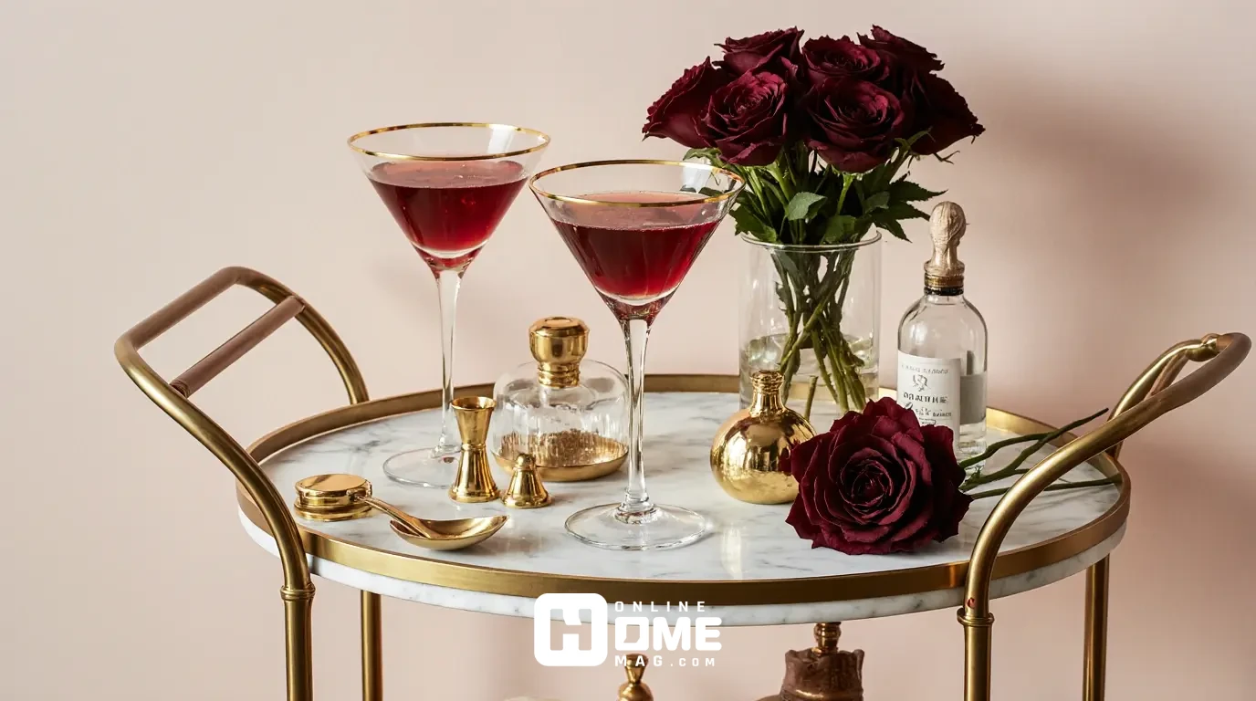 Elegant gold bar cart styled for Valentine's with crystal glassware, red cocktails in gold-rimmed glasses, small burgundy rose arrangement, premium liquor bottles, and gold cocktail tools on a white marble bar cart with brass frame