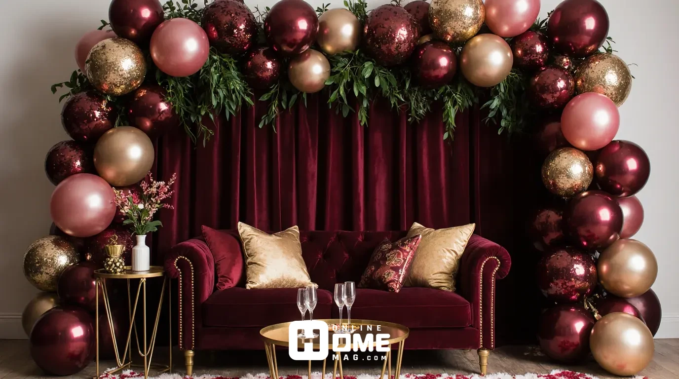 Valentine's photo backdrop featuring balloon garland in burgundy, deep red, and metallic gold with greenery accents, burgundy velvet settee with gold pillows positioned in front, small gold side table with champagne flutes, and warm lighting