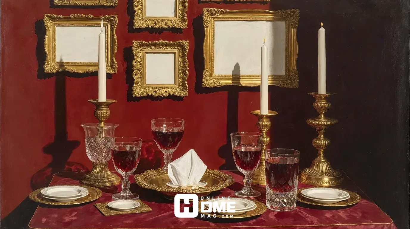 Luxurious Valentine's vignette showing gold-framed empty frames on wall, gold decorative tray on ottoman with burgundy candles, gold tissue box, gold coasters under red drinks, and gold paper lanterns hanging from ceiling
