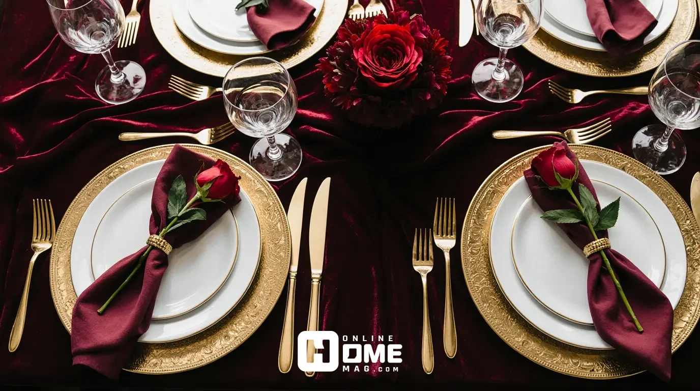 Overhead view of luxurious Valentine's table setting with burgundy velvet tablecloth, gold charger plates, white dinner plates, gold flatware, gold-rimmed glassware, burgundy folded napkin with gold ring, and single red rose on each setting
