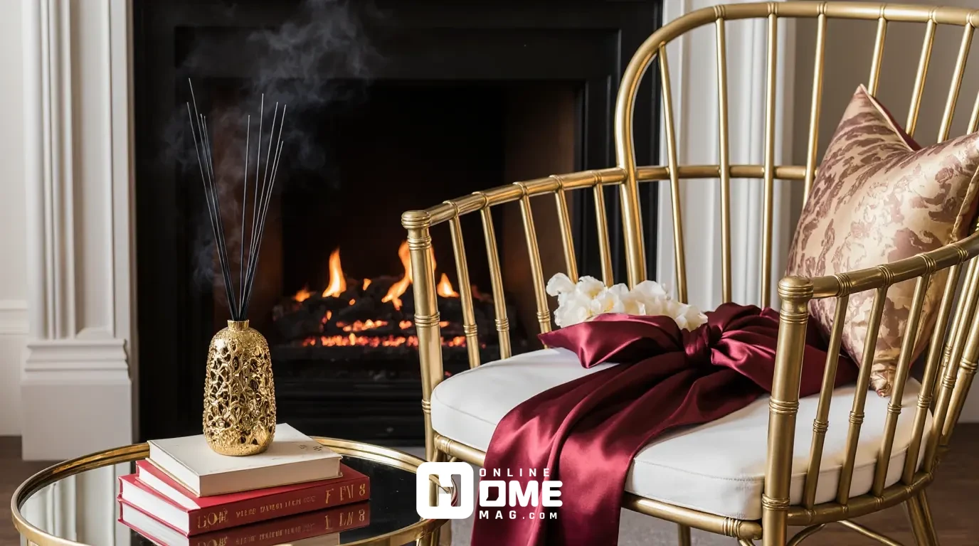  Luxurious Valentine's corner featuring gold chiavari chair with burgundy satin sash, stack of red and gold coffee table books topped with small gold sculpture, high-end gold diffuser releasing mist, and fireplace with gentle flames in background