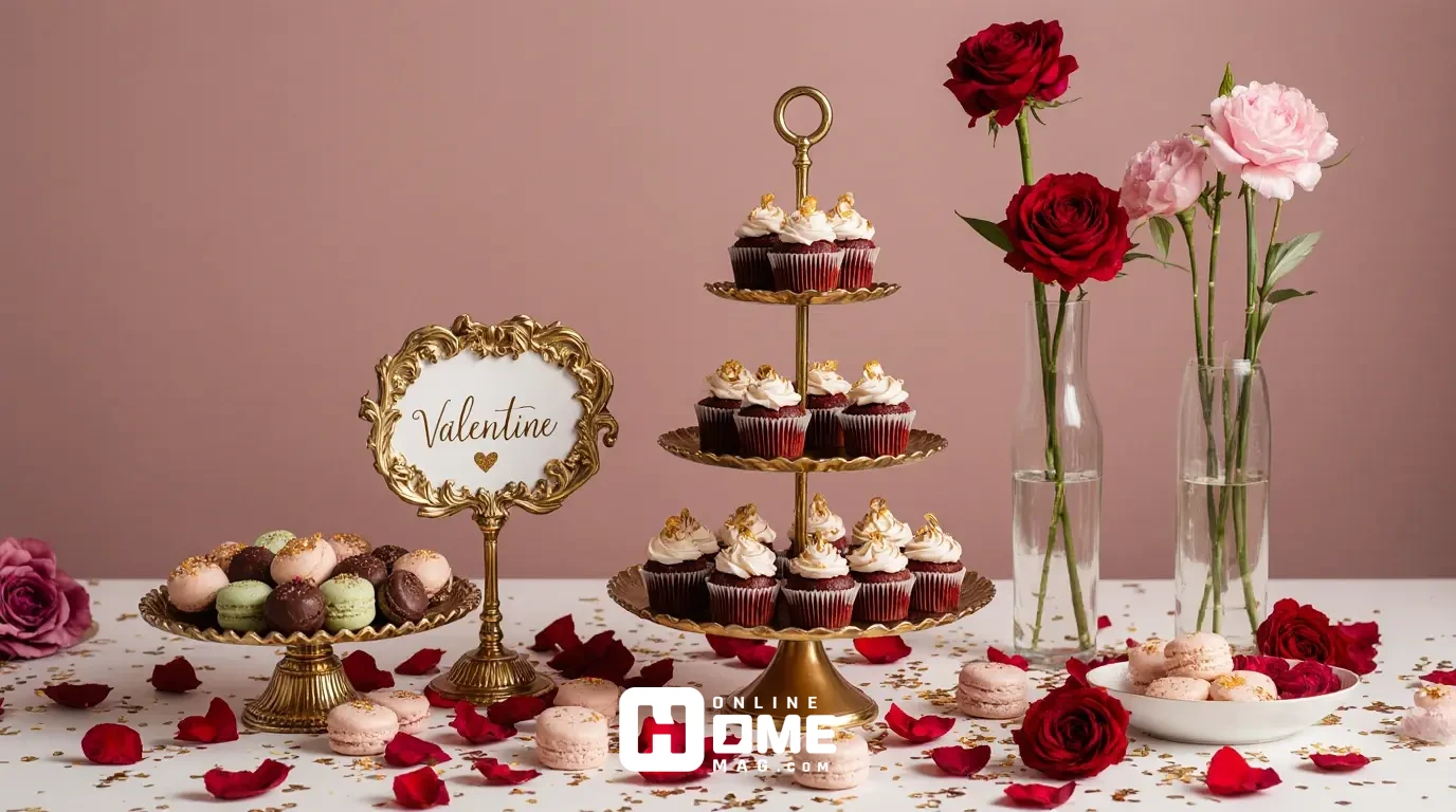Elegant Valentine's dessert table with three-tier gold cake stands holding red velvet cupcakes with gold leaf, chocolate strawberries, and macarons, gold-framed dessert sign, scattered rose petals and gold confetti, tall gold vases with candy sti