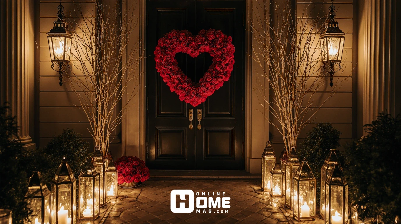 Luxurious Valentine's entrance with front door featuring oversized wreath of red roses and gold metallic branches, gold lanterns on both sides with glowing candles, gold luminarias lining pathway, and gold tray near door with small rose arrangement