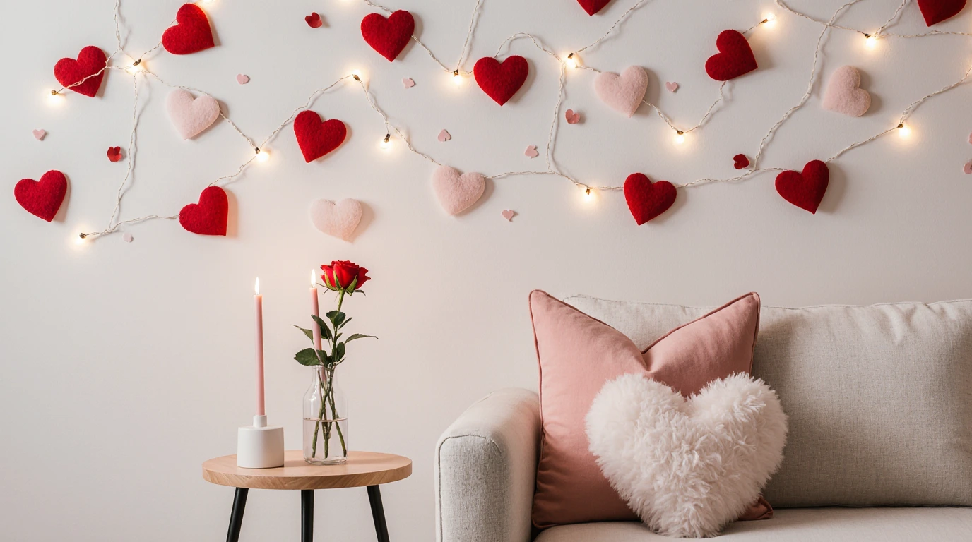 Small apartment living room with cascading paper hearts on white wall, floating shelf with Valentine's decorations, and grey loveseat