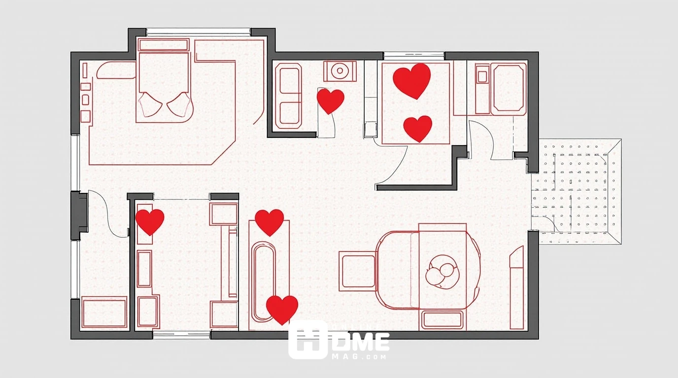 Floor plan of 30 square meter studio apartment showing Valentine's Day decoration placement zones with measurements and red heart markers