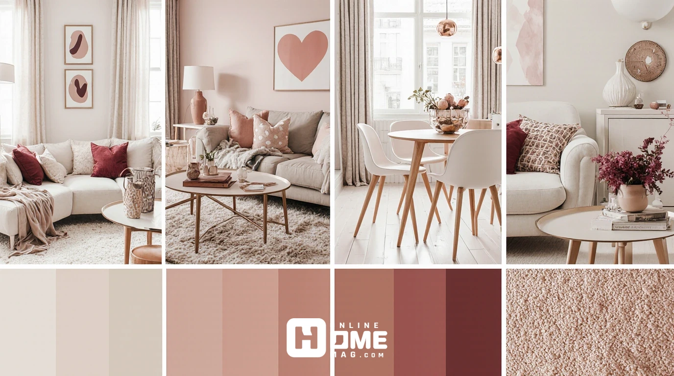 Four small apartment living rooms decorated with different Valentine's color schemes including blush pink, rose gold, burgundy, and coral mint palettes