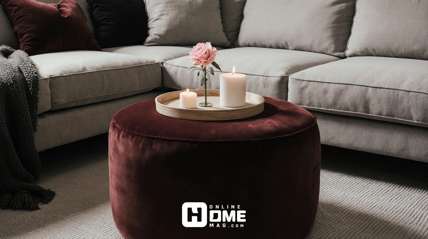Burgundy velvet storage ottoman pouf functioning as side table with decorative tray holding candle and rose in small apartment