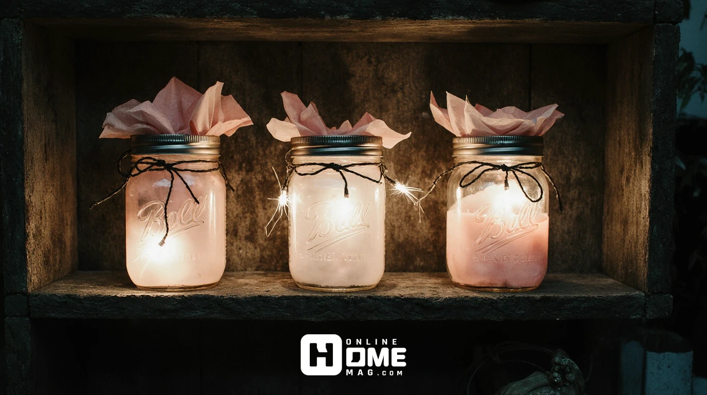 Three mason jars decorated with pink tissue paper and LED string lights glowing on floating shelf in small apartment