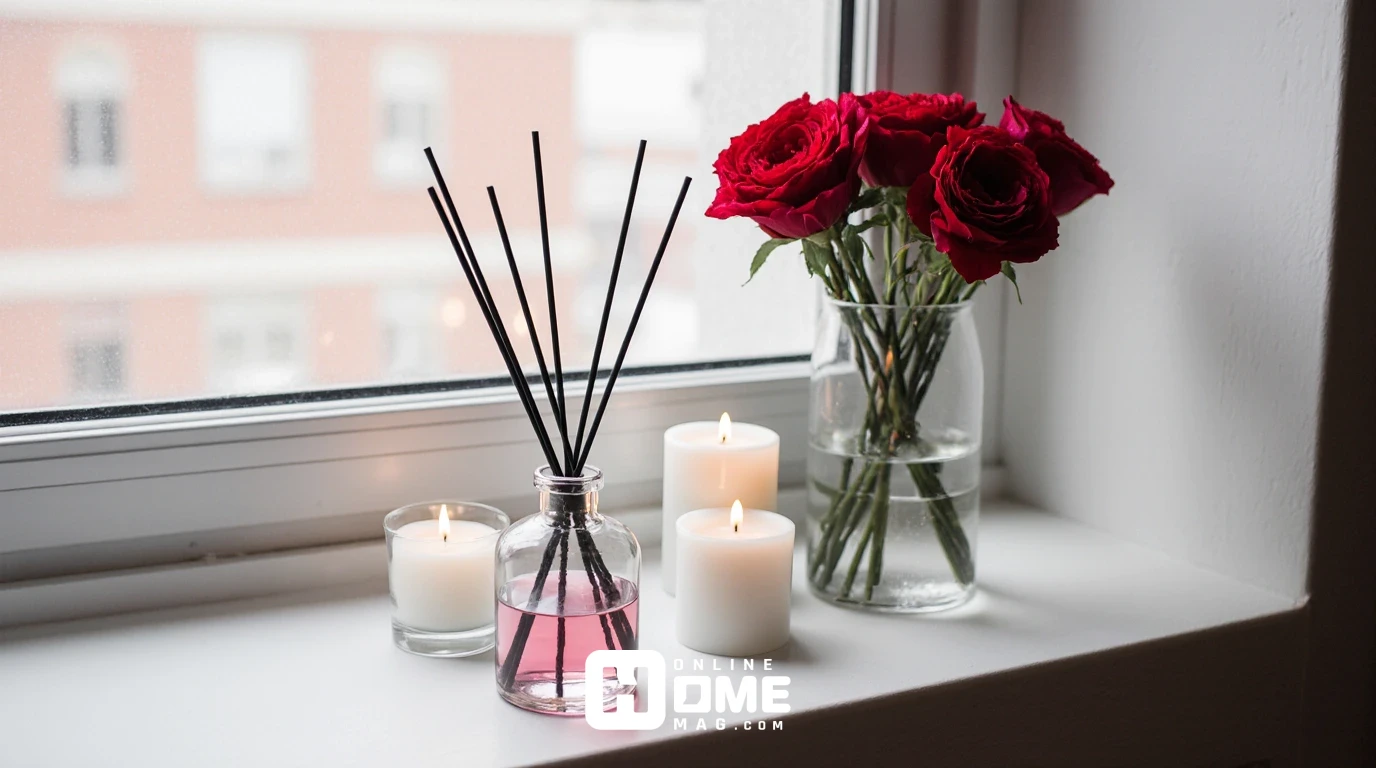Minimalist Valentine's Day scent display on windowsill with reed diffuser, soy candles, and fresh red roses