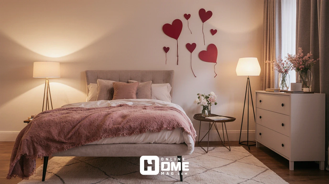 One-bedroom apartment fully decorated for Valentine's Day showing living room, bedroom, and dining areas with cohesive romantic theme