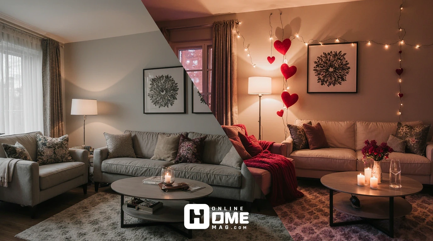 Split screen comparison showing small apartment living room transformation from regular setup to romantic Valentine's Day decorated space