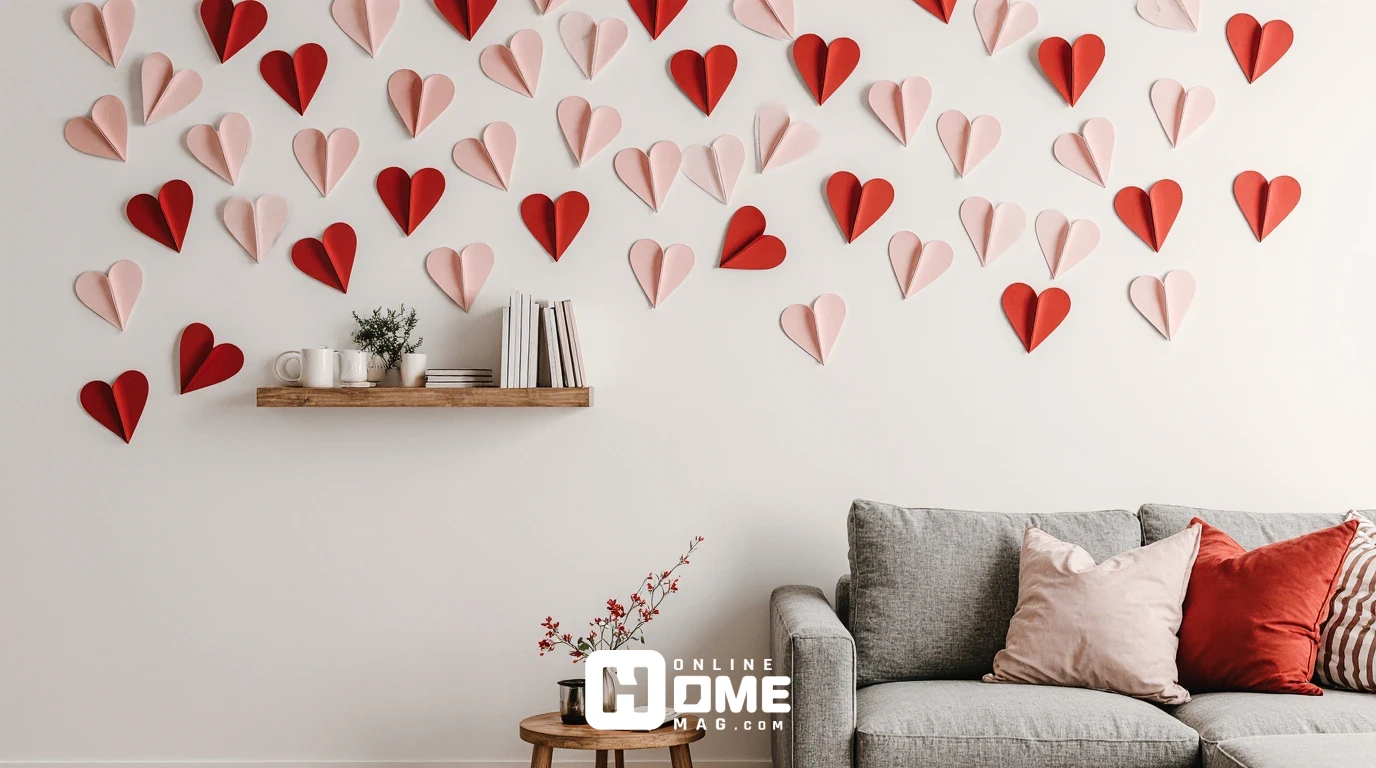 Small apartment living room with cascading paper hearts on white wall, floating shelf with Valentine's decorations, and grey loveseat