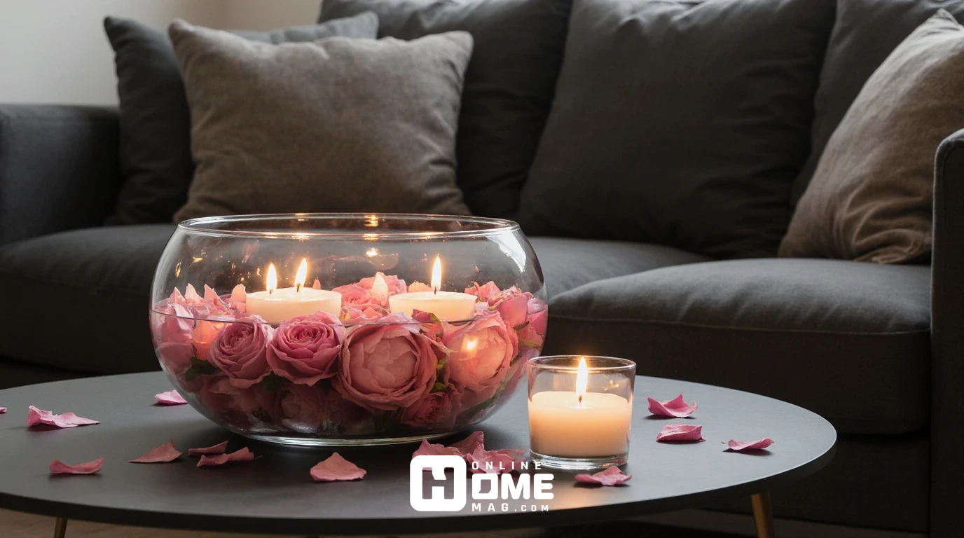 Valentine's Day coffee table centerpiece with glass bowl containing floating candles and rose petals in small apartment living room