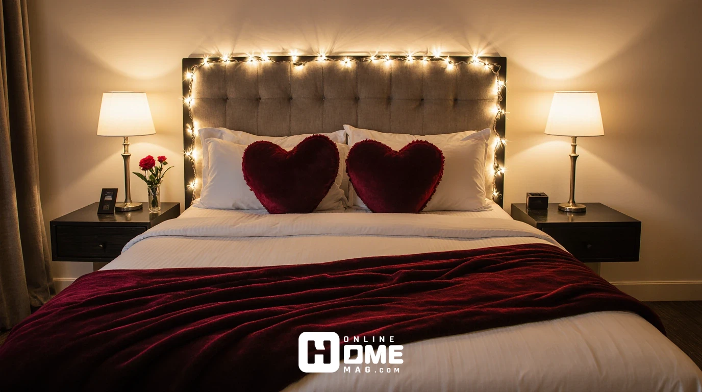 Cozy 10 square meter bedroom decorated for Valentine's Day with white bedding, burgundy throw blanket, heart pillows, and string lights