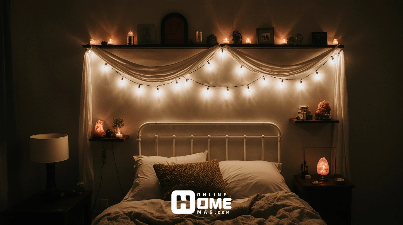Small bedroom at night with layered romantic lighting including fairy lights, flameless candles, and Himalayan salt lamp
