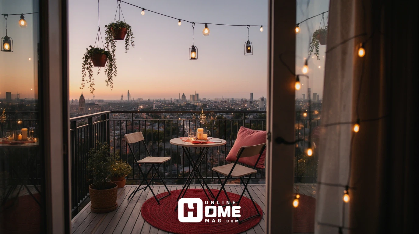 Small 2 square meter apartment balcony decorated for Valentine's evening with bistro furniture, string lights, and LED lanterns