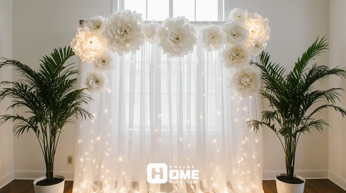 Minimalist white wall backdrop with sheer draped fabric, fairy lights glowing softly behind, two tall potted ferns on sides, large white paper flowers in various sizes attached to wall, natural window light, elegant and simple 