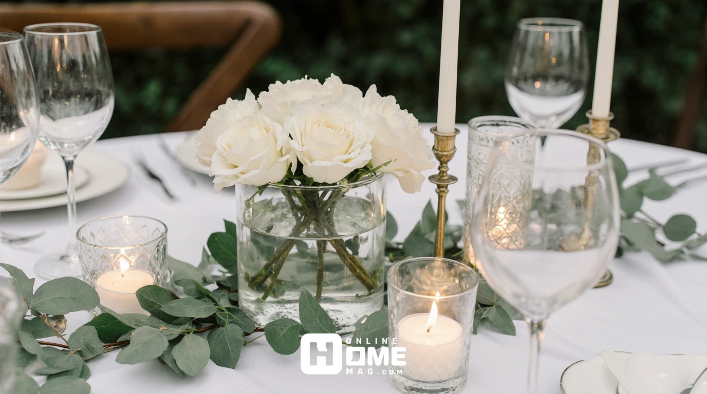 Simple wedding table centerpiece with clear glass vase, floating white roses in water, surrounded by tea light candles in glass holders, eucalyptus leaves scattered on white tablecloth, soft candlelight 