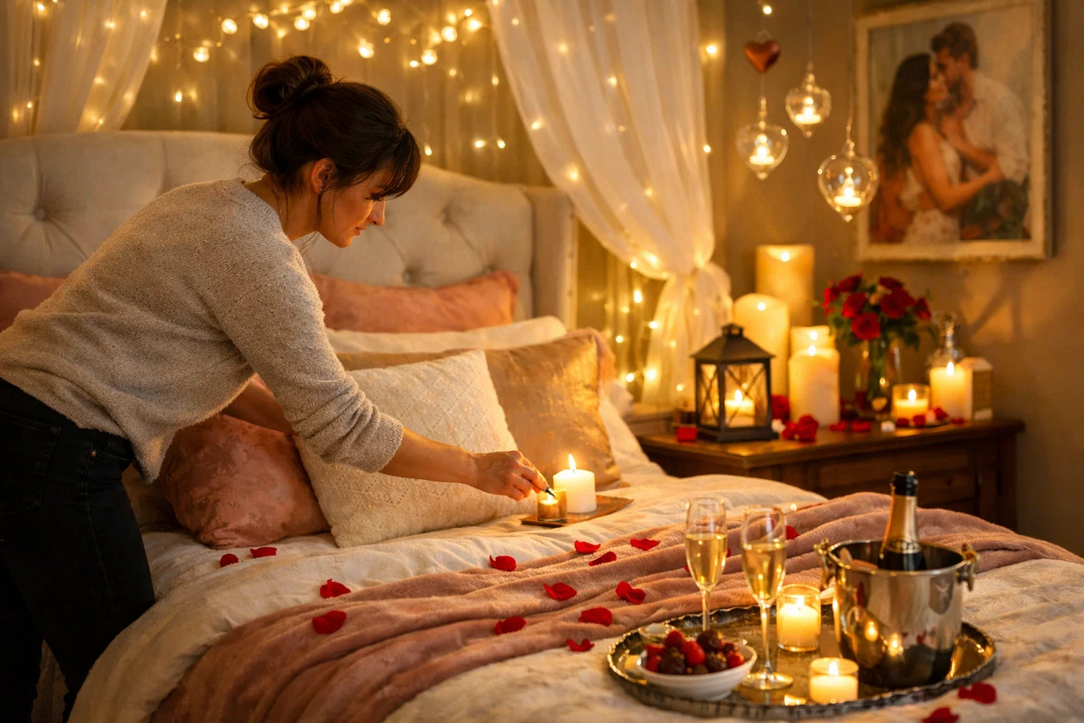 Final preparation of Valentine's Day bedroom decoration with attention to small details and romantic atmosphere