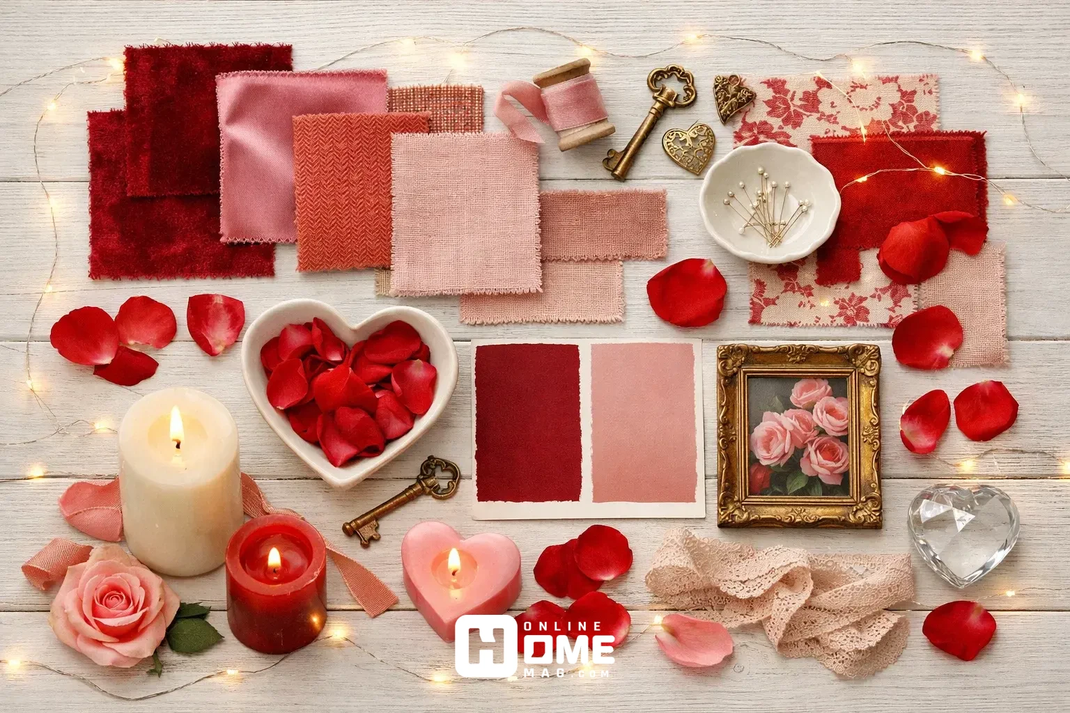Valentine's Day bedroom decoration planning mood board with romantic color swatches and decor elements