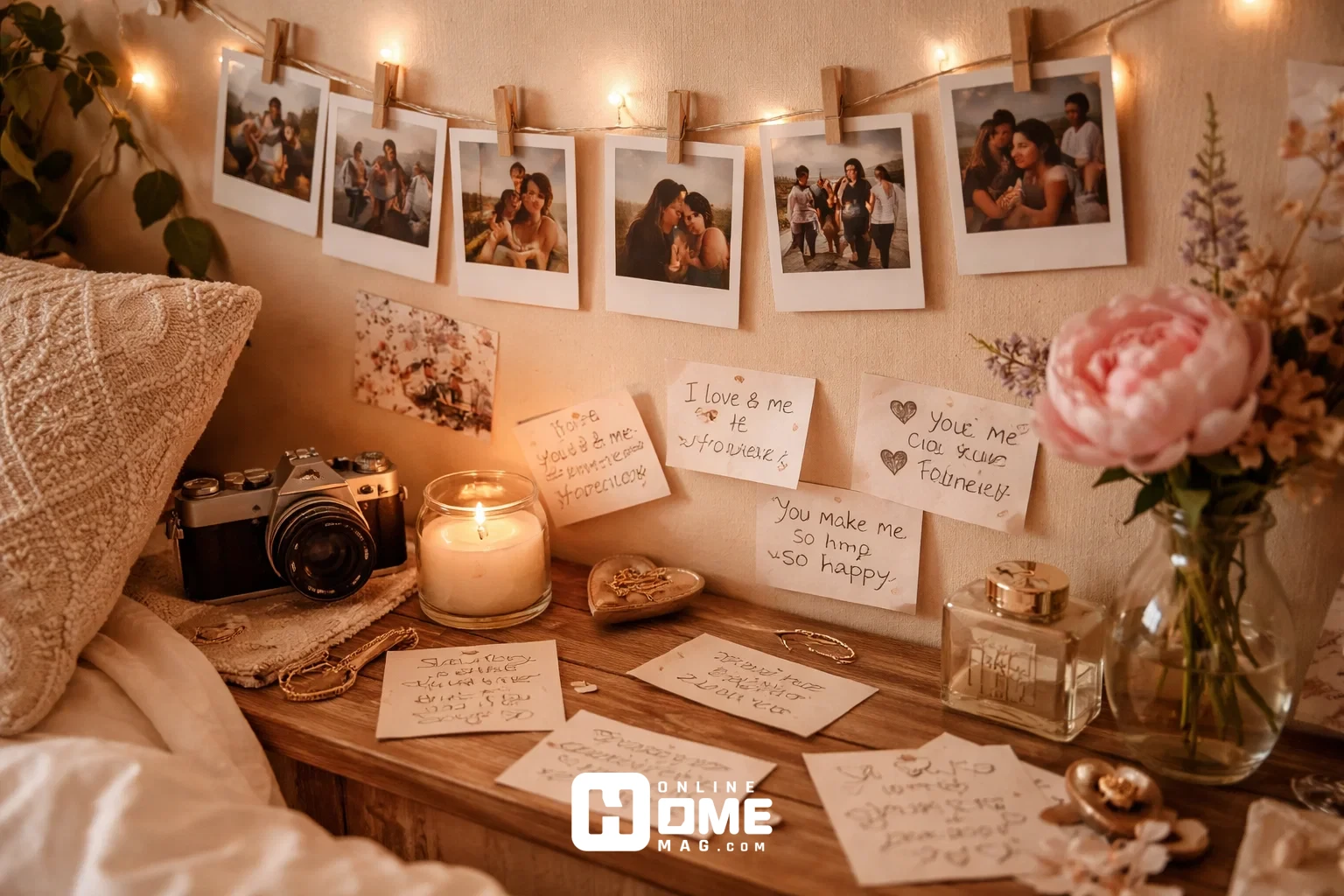 Personalized Valentine's Day bedroom decorations featuring relationship photos, love notes, and meaningful keepsakes