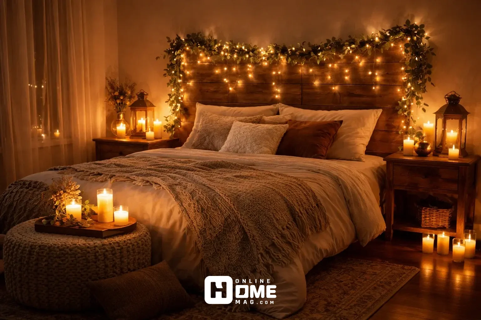 Romantic bedroom lighting featuring candles and fairy lights creating warm, intimate Valentine's Day ambiance