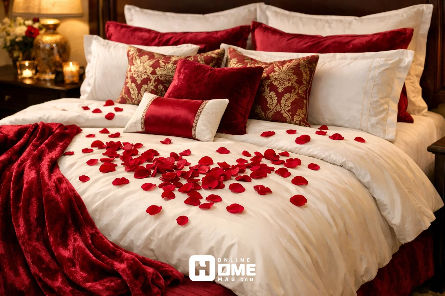 Romantic Valentine's Day bed setup with luxurious layered bedding, decorative pillows, and scattered rose petals