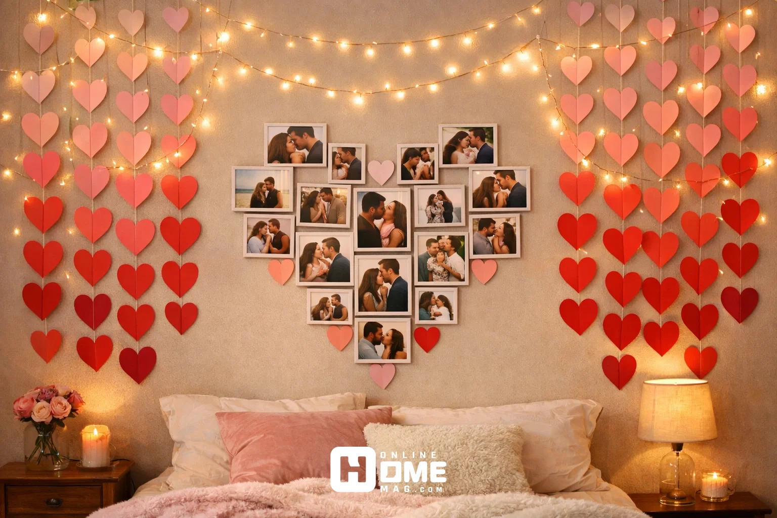 Valentine's Day bedroom wall decoration featuring paper hearts, string lights, and romantic photo display