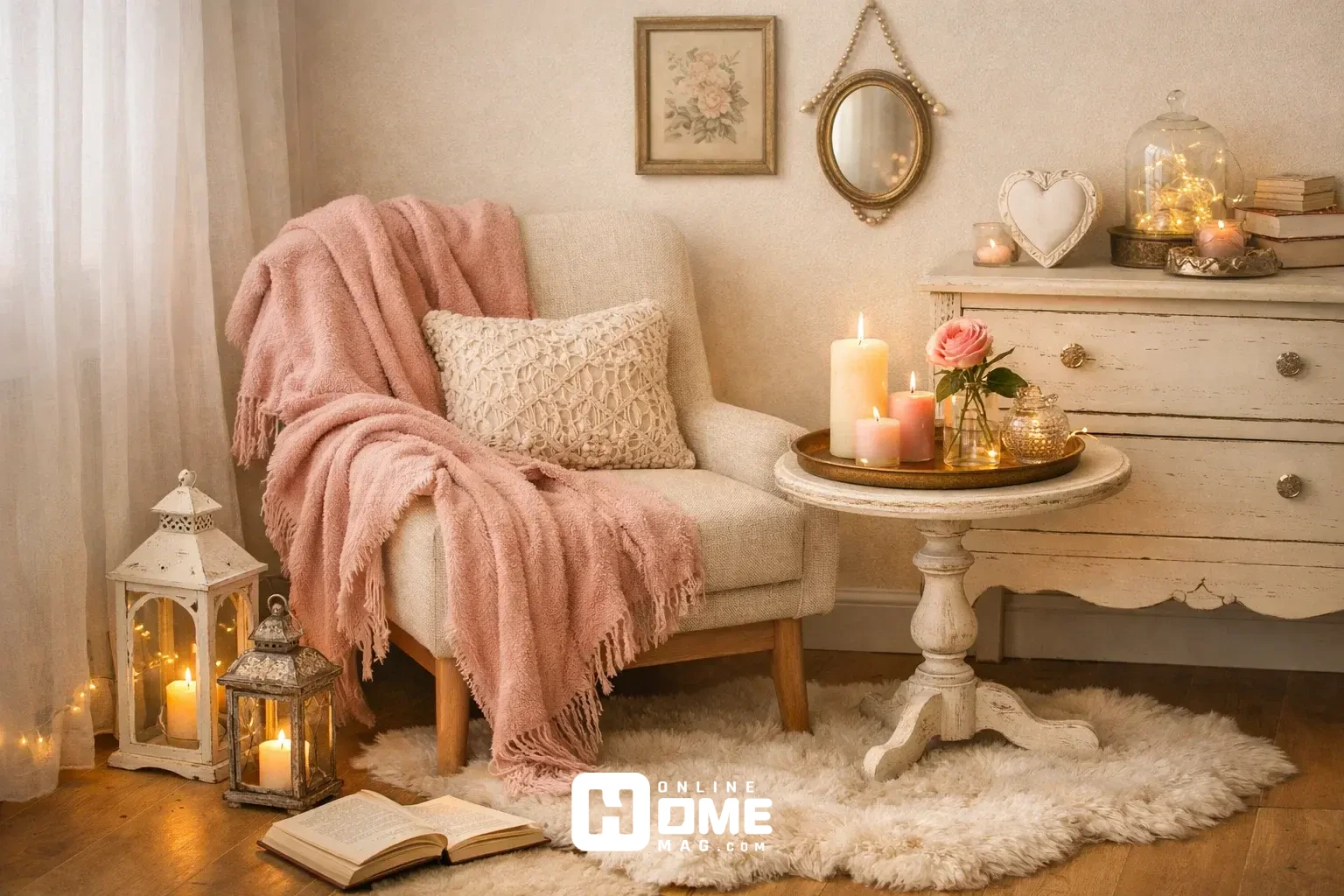 Styled furniture arrangement for Valentine's Day bedroom featuring cozy seating area with romantic accents