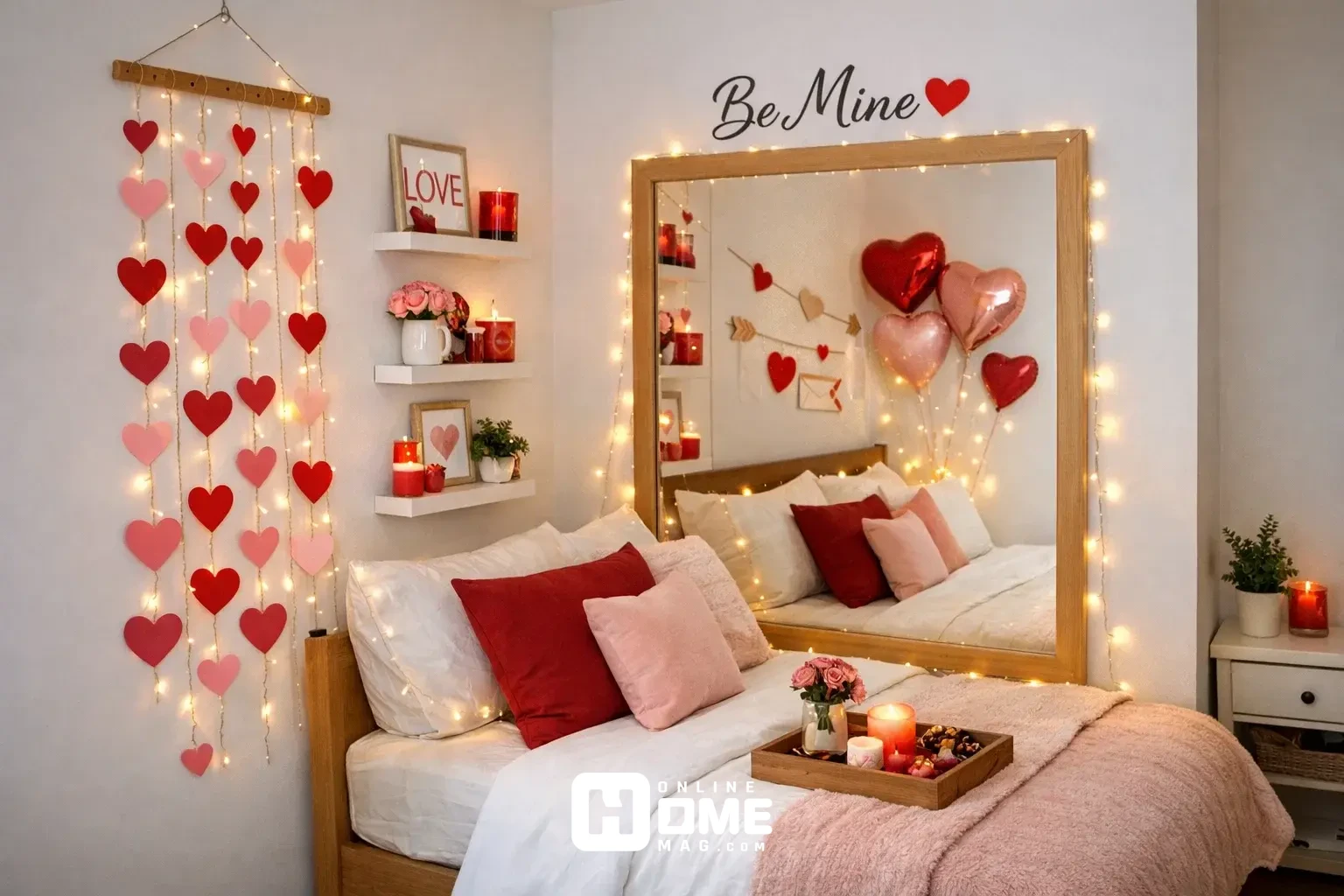 Space-efficient Valentine's Day bedroom decoration ideas for small apartments showing vertical decor and strategic mirror placement