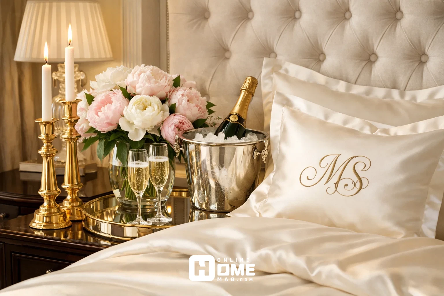 Luxury Valentine's Day themed bedroom with gold accents, fresh flowers, champagne, and high-end textiles