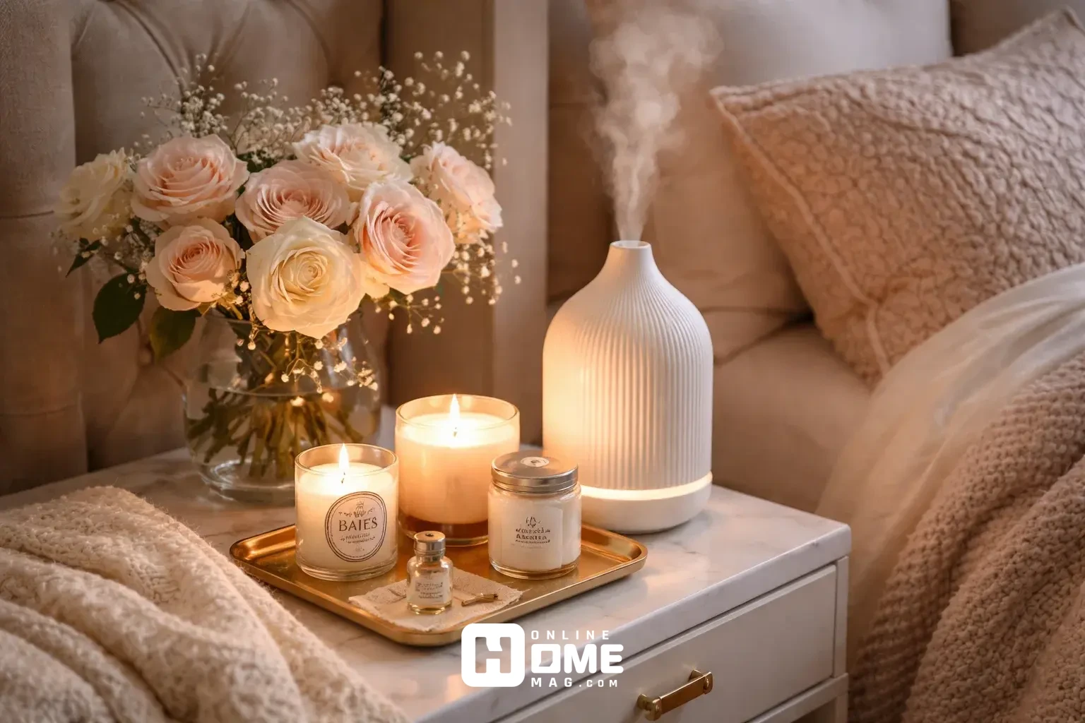 Sensory Valentine's Day bedroom elements including scented candles, aromatherapy diffuser, and textured fabrics