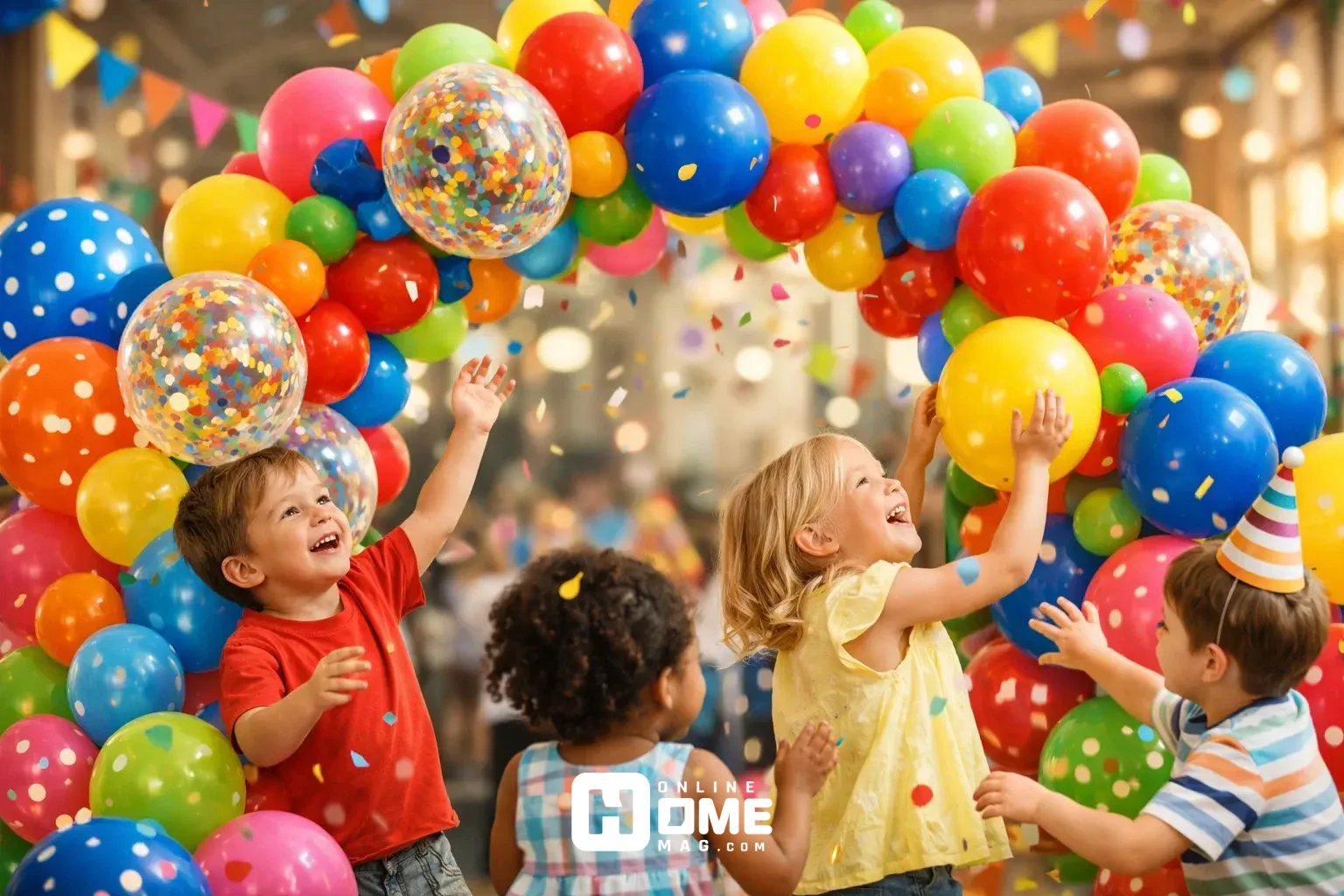 Vibrant kids’ birthday balloon arch and clusters with confetti balloons, interactive and playful, children engaging with decorations, cinematic composition, soft focus background.