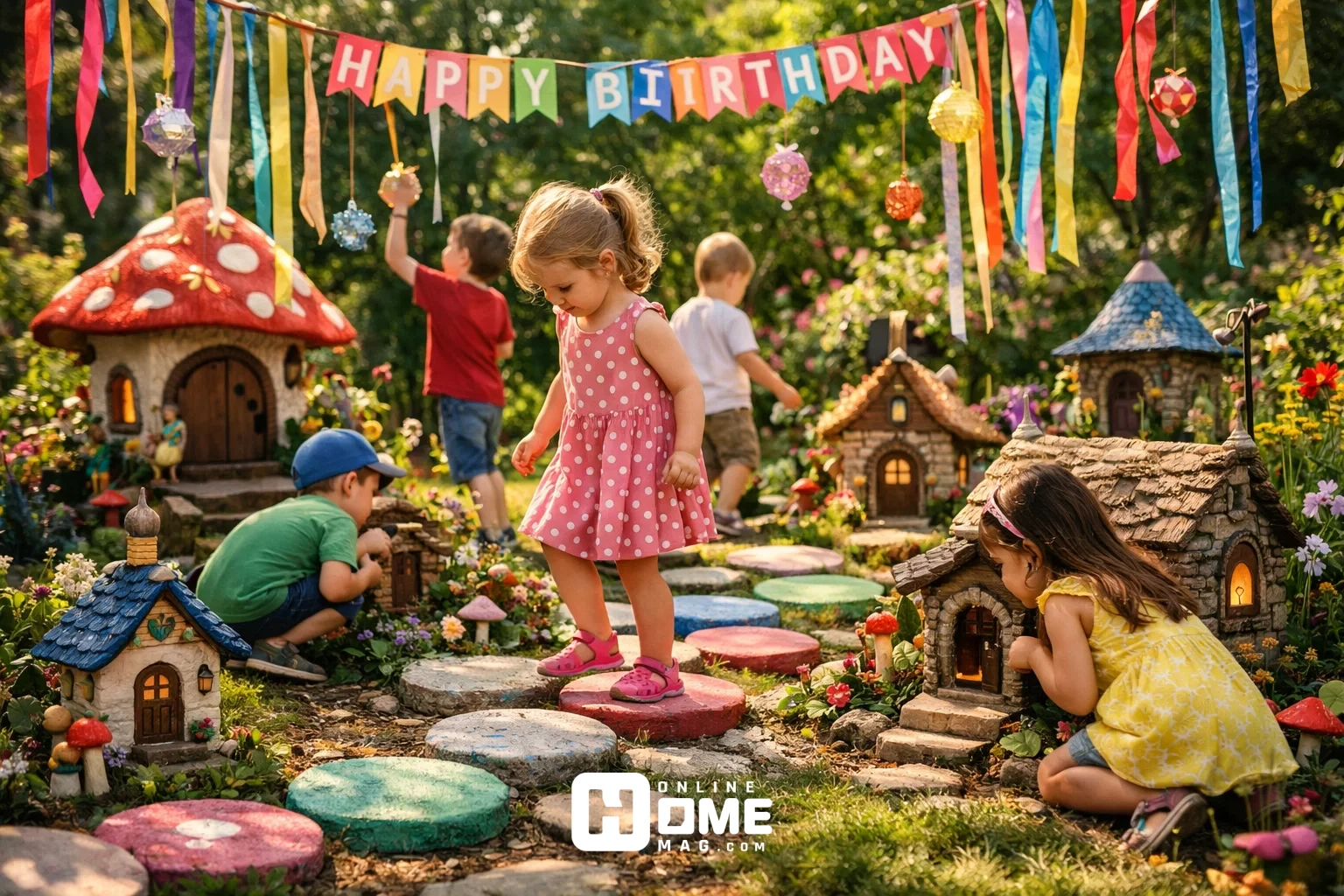 Interactive outdoor birthday decorations with ribbons, stepping stones, and mini fairy houses, children exploring and engaging, cinematic depth, vibrant daylight.