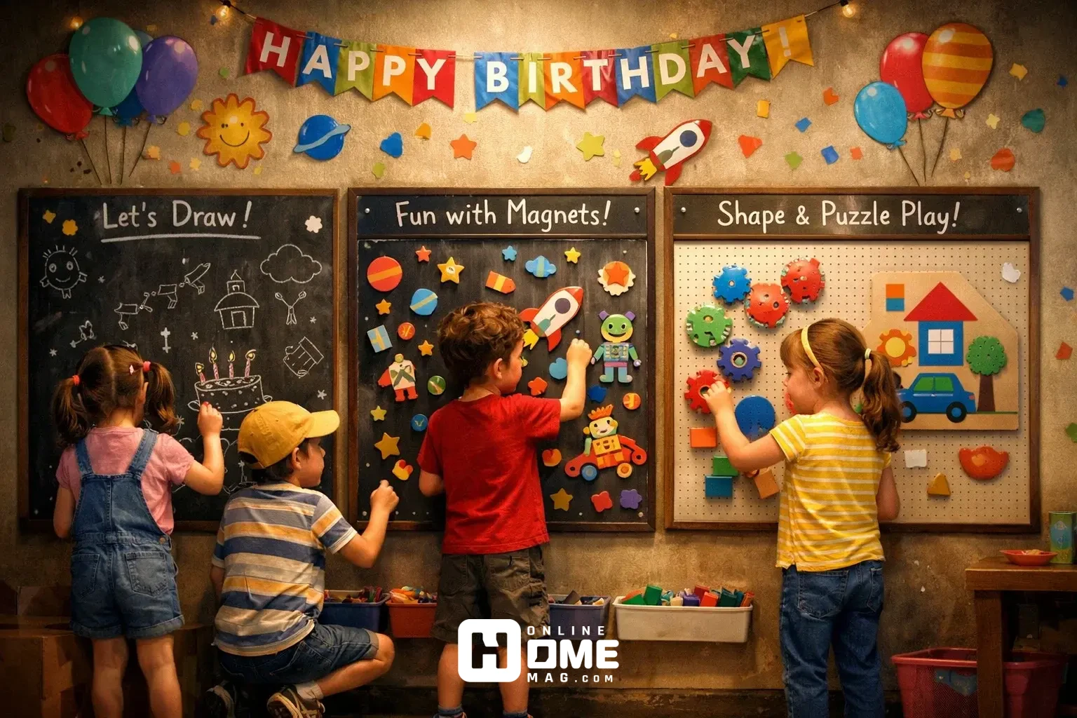 Interactive kids’ birthday wall with chalkboards, magnetic boards, colorful decals, children drawing and arranging objects, playful and engaging atmosphere, cinematic lighting, realistic textures