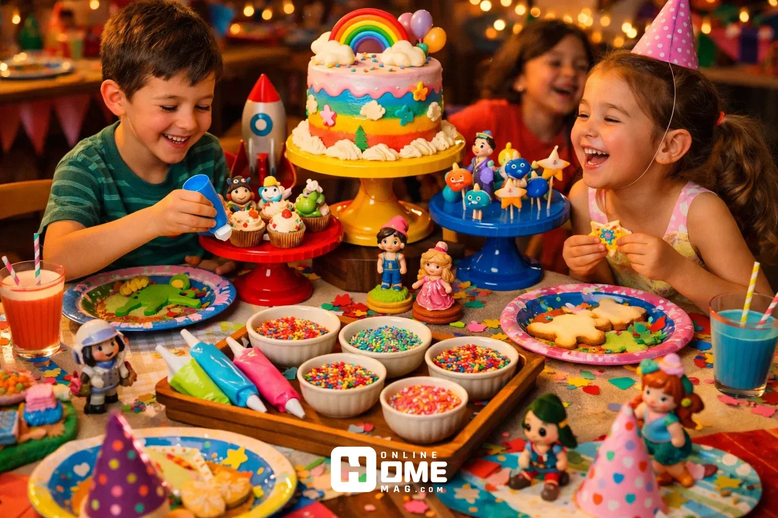 Colorful kids’ birthday table with themed plates, figurines, and cake stands at varying heights, a small craft station with frosting and sprinkles, cinematic lighting, vibrant textures, children enjoying the setup
