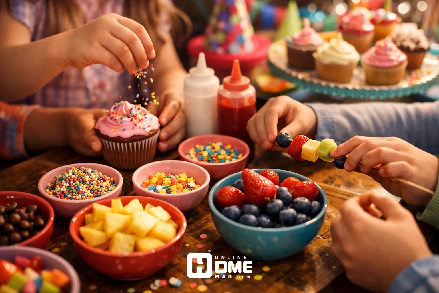 Kids decorating cupcakes and assembling fruit skewers at a colorful, themed birthday snack station, joyful interaction, cinematic soft lighting, close-up on hands and ingredients.