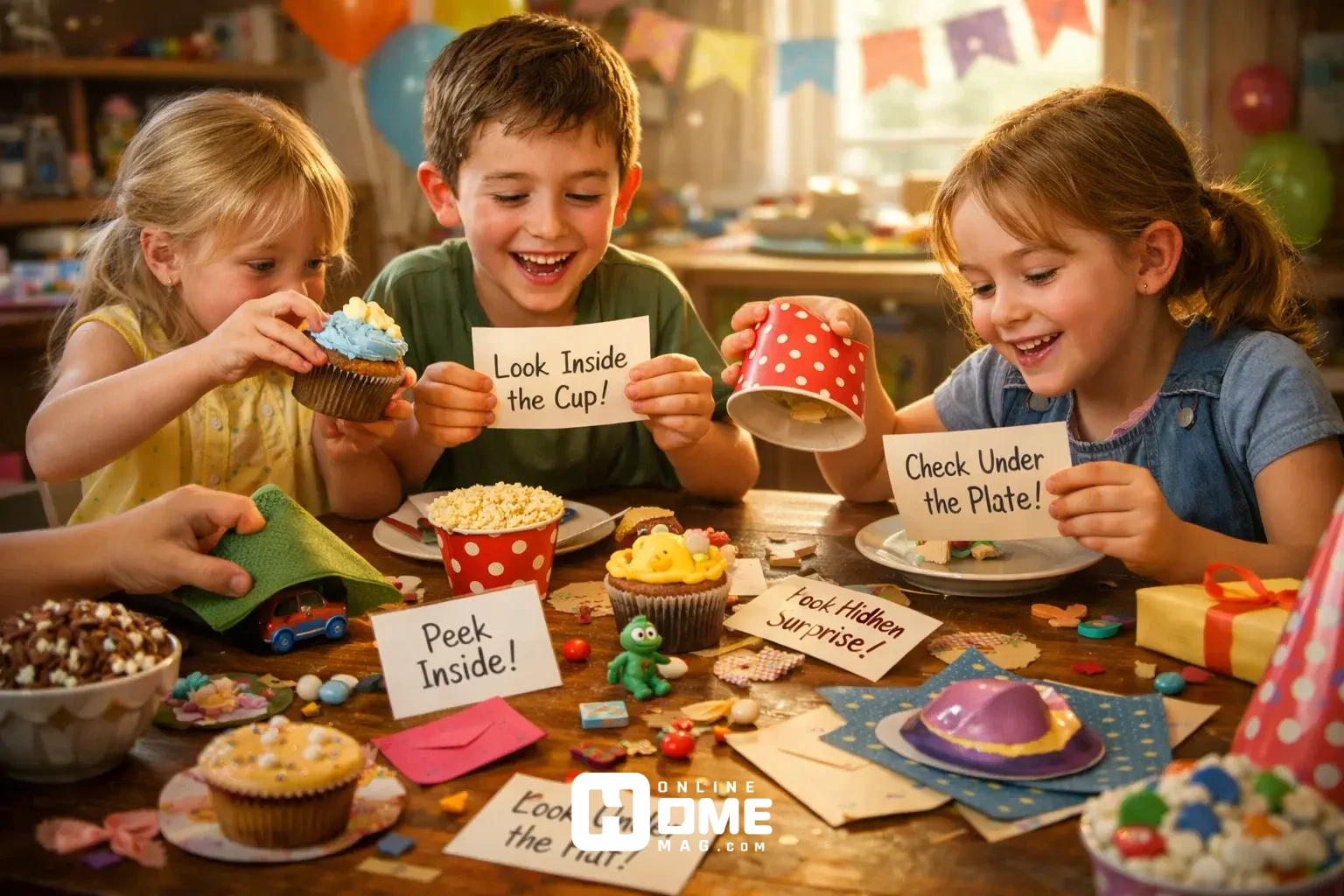 Birthday table with hidden treats and surprise cards, children discovering messages and small toys, playful and engaging environment, cinematic depth, warm natural light.
