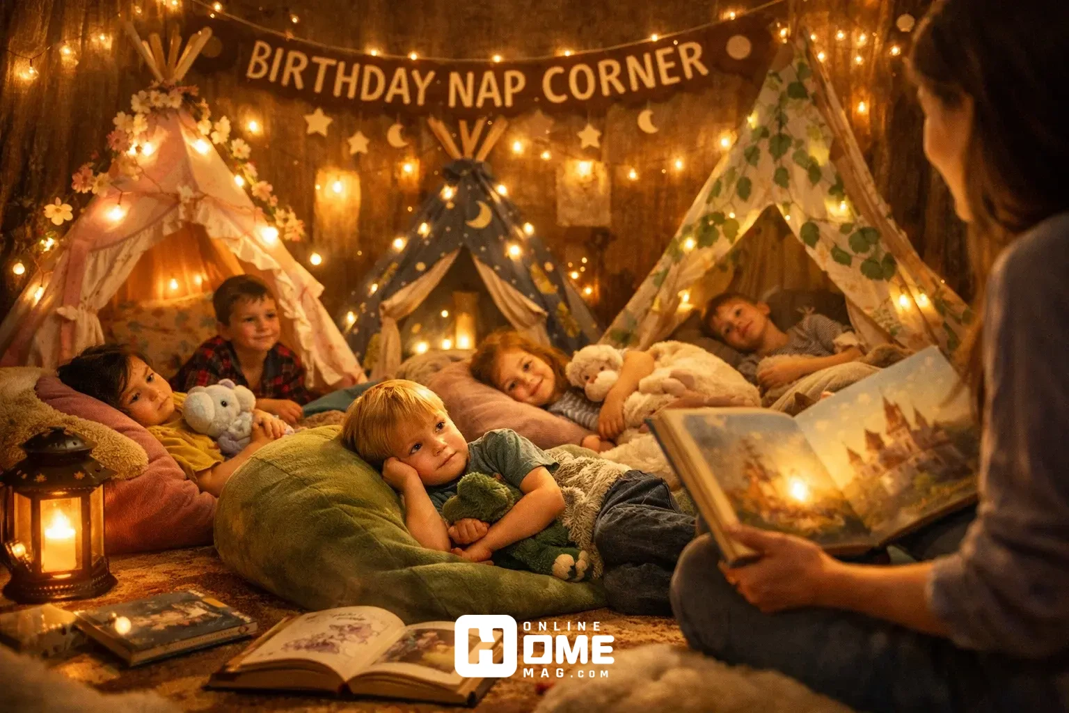 Kids’ birthday nap corner with small themed tents, beanbags, and storybooks, soft lighting, children relaxing and listening to fairy tales, cinematic composition, warm textures