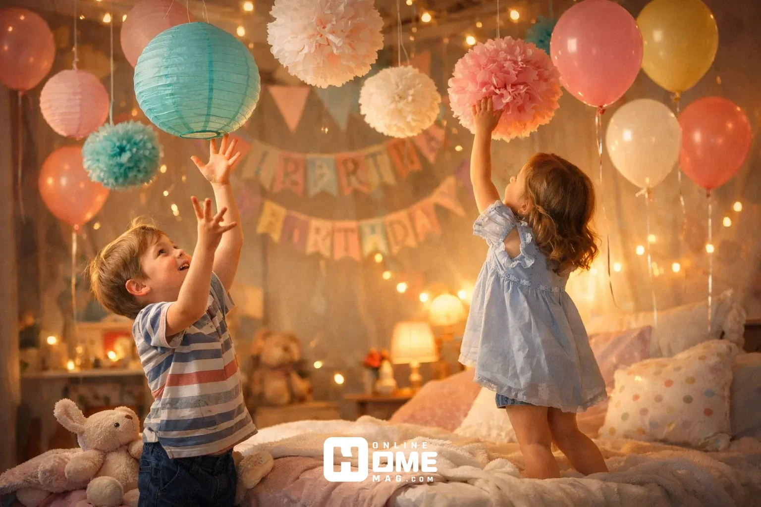 Bedroom decorated for kids’ birthday with hanging paper lanterns, pom-poms, and floating balloons, children reaching and interacting with decorations, soft cinematic lighting, whimsical atmosphere