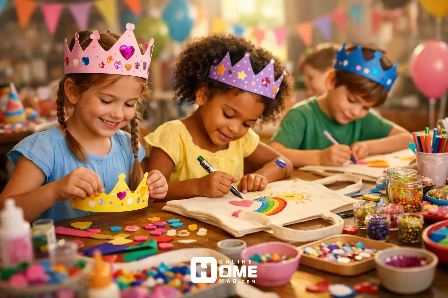Kids crafting crowns and decorating tote bags at a colorful DIY birthday craft station, various materials on the table, cinematic soft focus, children smiling and engaged