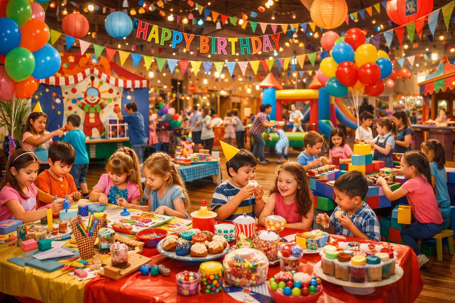 Energetic kids’ birthday party with multiple interactive stations, colorful décor, children playing, crafting, and eating treats, cinematic wide-angle shot, vibrant colors and textures.