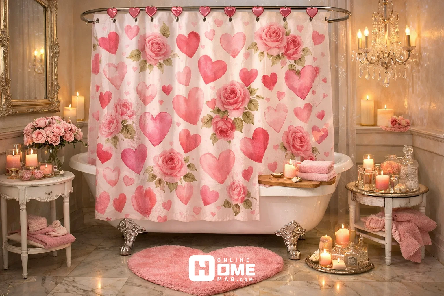 Luxurious bathroom featuring romantic valentine shower curtain