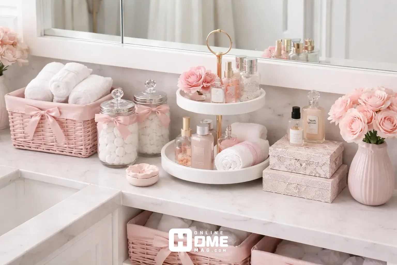 Organized bathroom vanity with pink wicker baskets