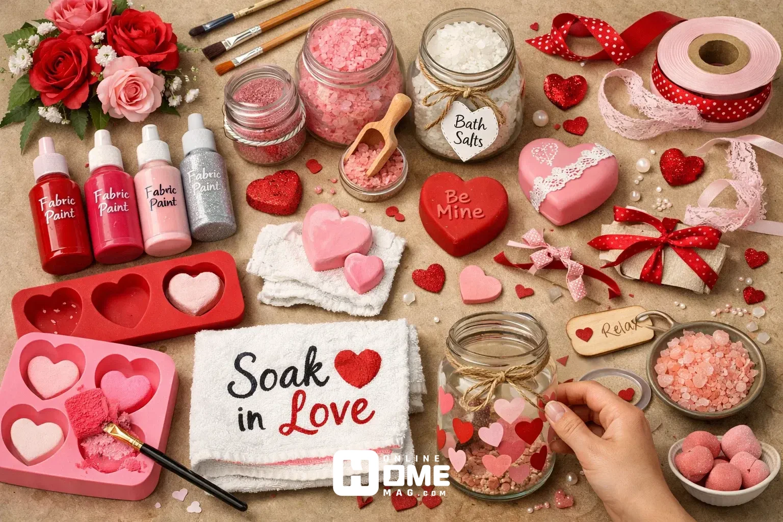 Crafting supplies for DIY valentine bathroom decor